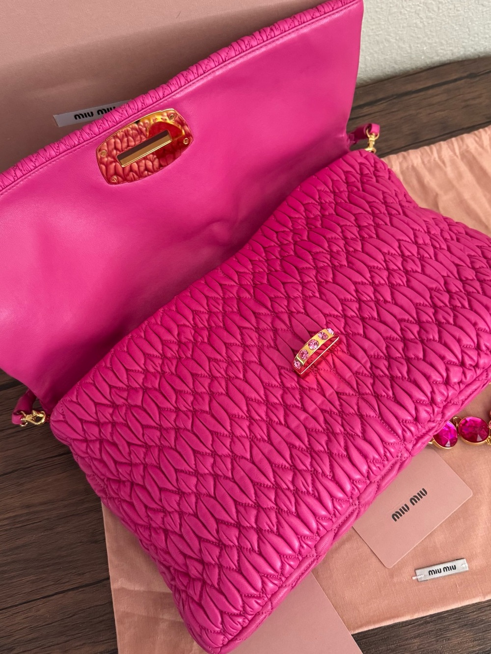 MIU MIU Large Lambskin Quilted Leather Shoulder Bag with Jeweled Crystal Chain - Picture 3 of 7